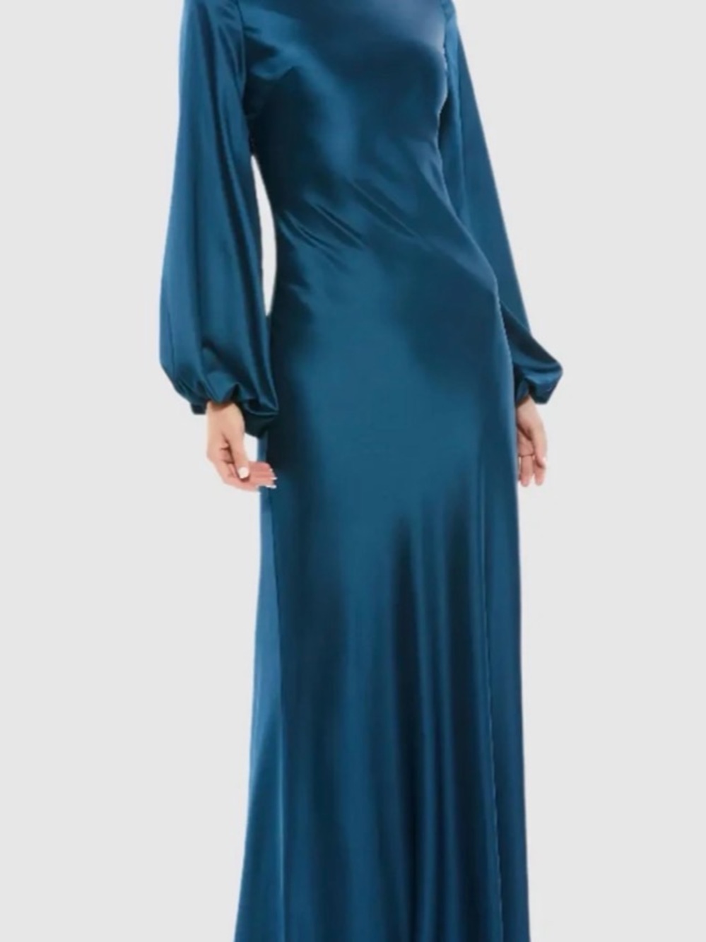 Mac Duggal Sapphire Satin Long Sleeve Maxi Gown